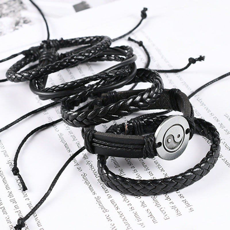 Vintage Weave Cattle Leather Bracelet Multi-layer Set