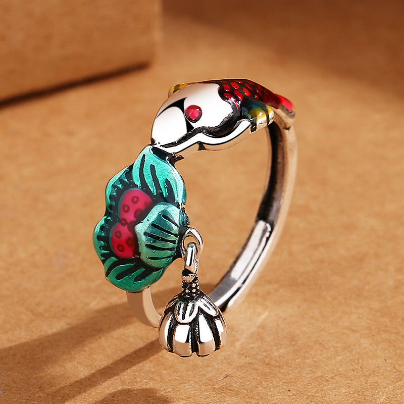 Personalized Adjustable Ring with Ethnic Carp Flower Design